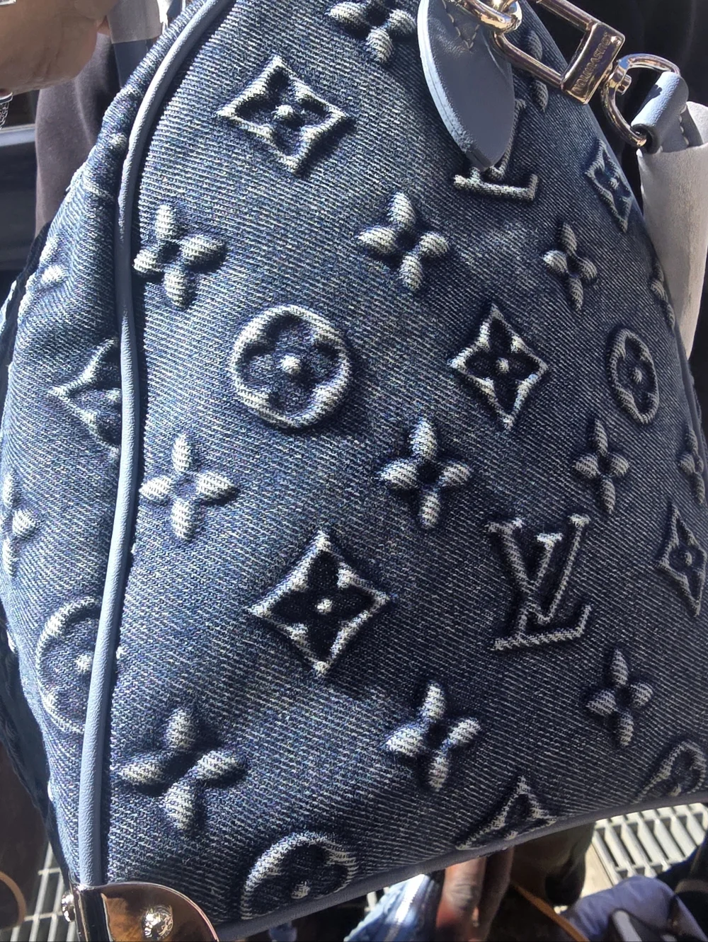 Cotton Denim Deluxe Monogram 30 Pillow Large Tote with Light Blue Leather Trim - Picture 3 of 16